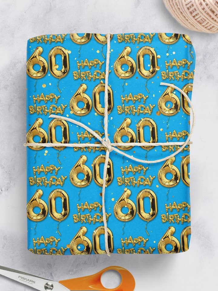 60th Birthday Gift Wrap Blue **Pack of 2 Sheets Folded** for wholesale by Brainbox Candy