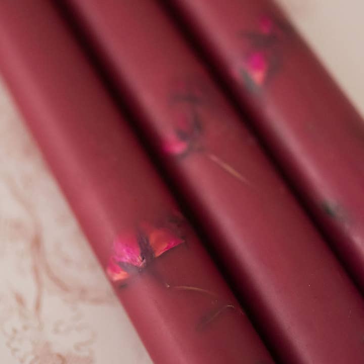 Galley and Fen - Wholesale Tapered Candle/Candlestick - Burgundy Floral Inlaid Candle - Set of 3