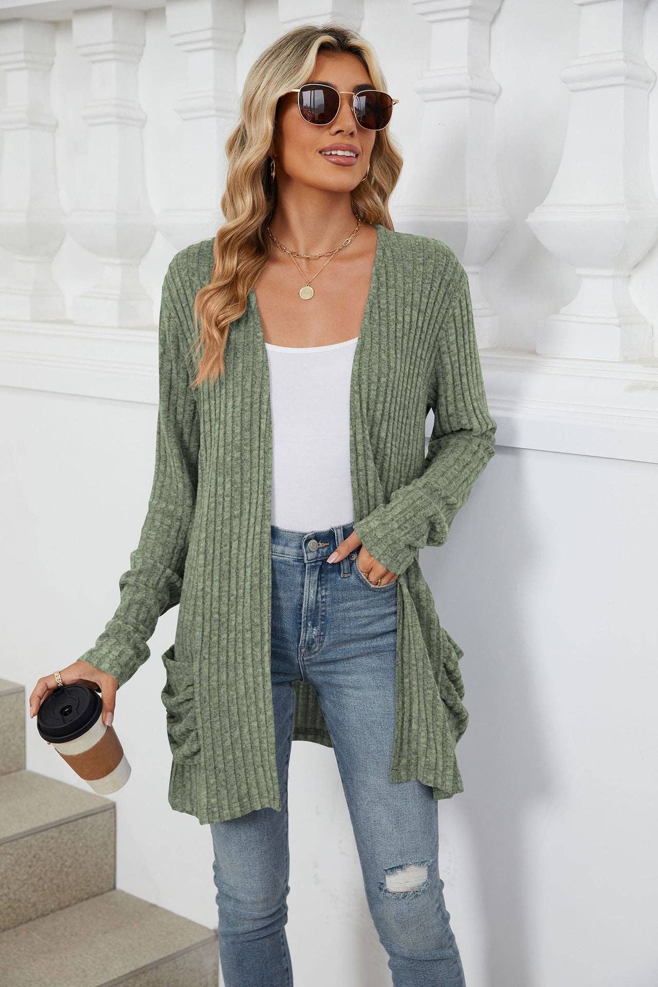 Suhkasana - Vendita all'ingrosso Cardigan - Donna - Top lavorato a maglia con cardigan a maniche lunghe e tasche semplici29