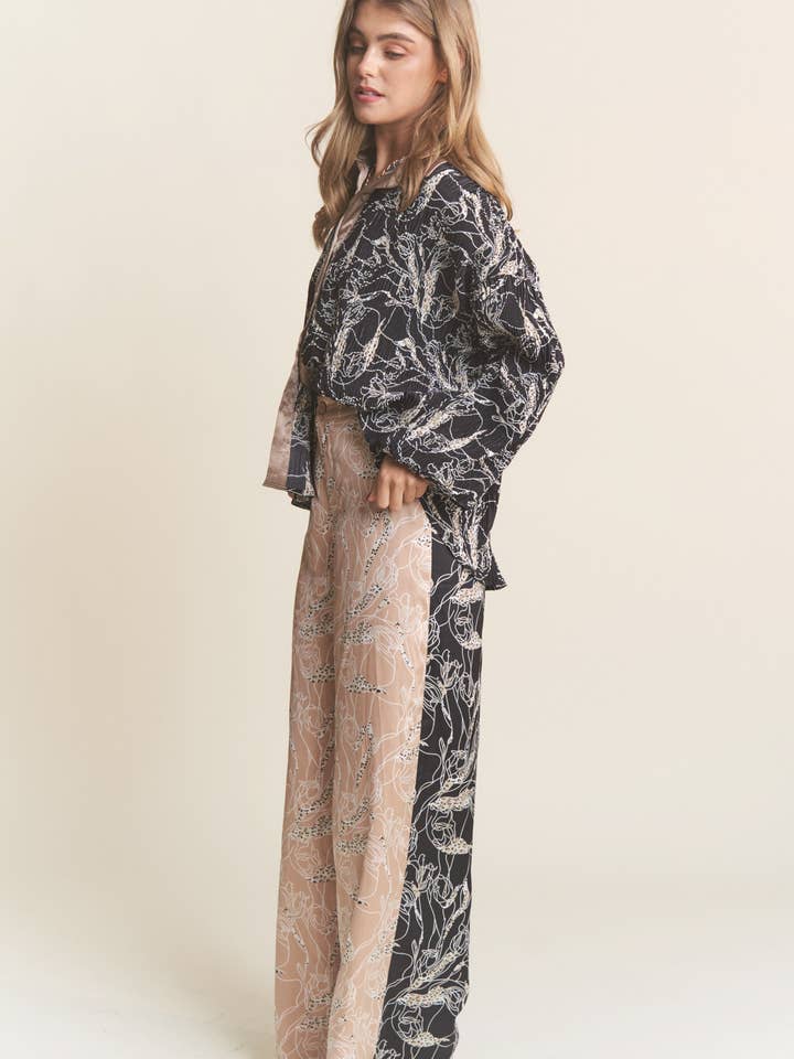 Champagne Black Satin Multi Pattern Color Block Wide Leg Slacks for wholesale on Faire7