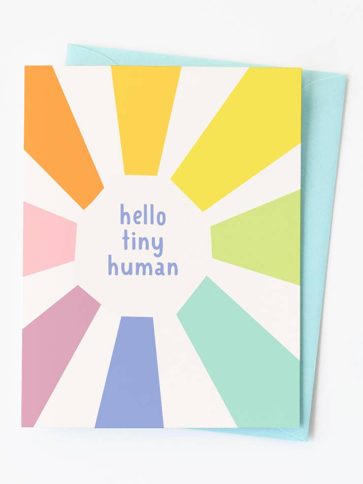 Hello Tiny Human Colorful Gender Neutral New Baby Card for wholesale by Graphic Anthology Greeting Cards