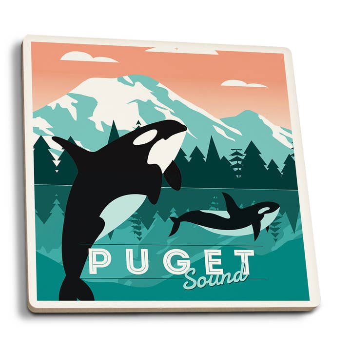 Ceramic Coaster Puget Sound, Orca Whale & Calf for wholesale by Lantern Press