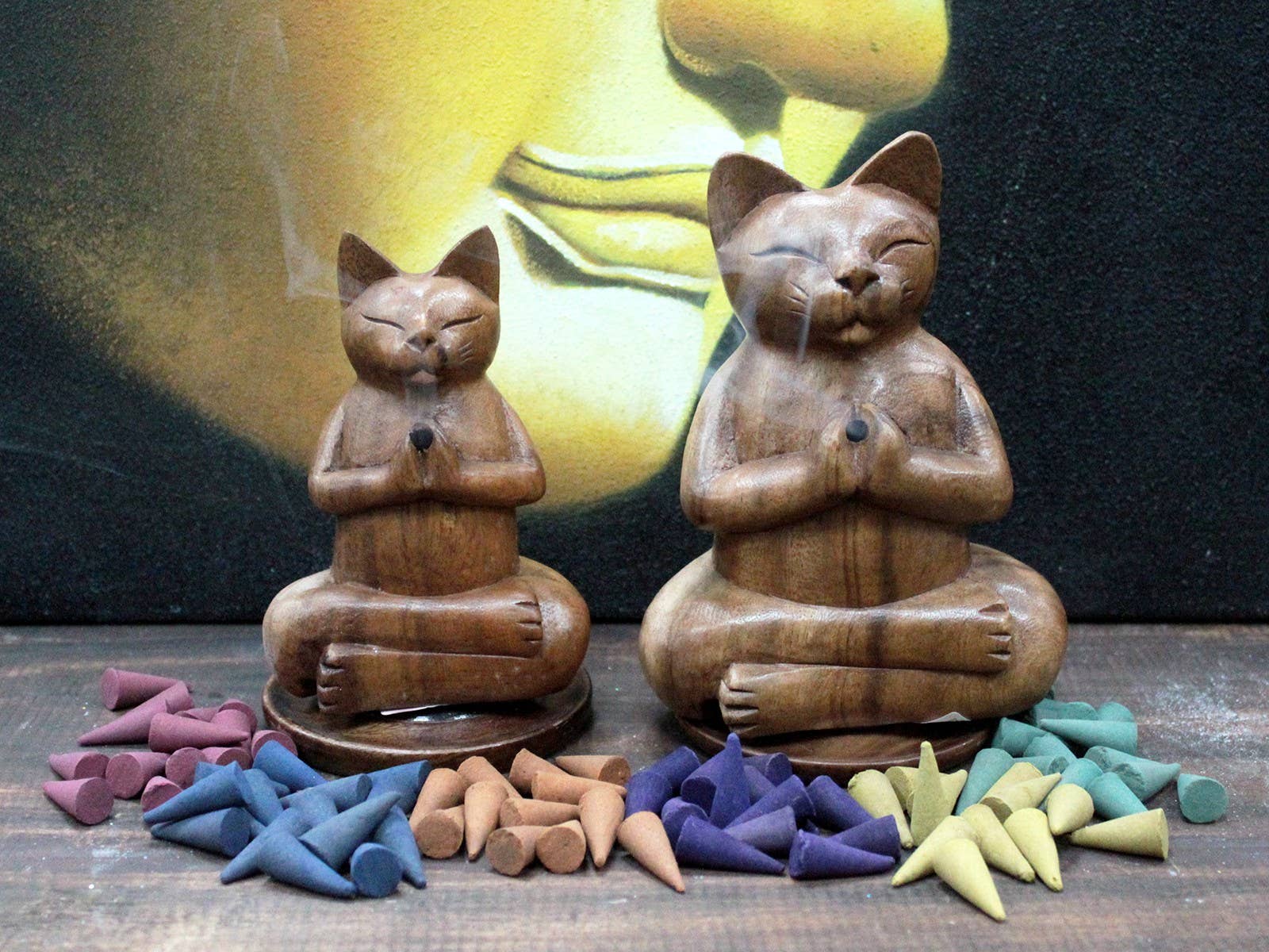 Ancient Wisdom - Wholesale Incense Holder - Wooden Carved Incense Burners - Med Yoga Cat2