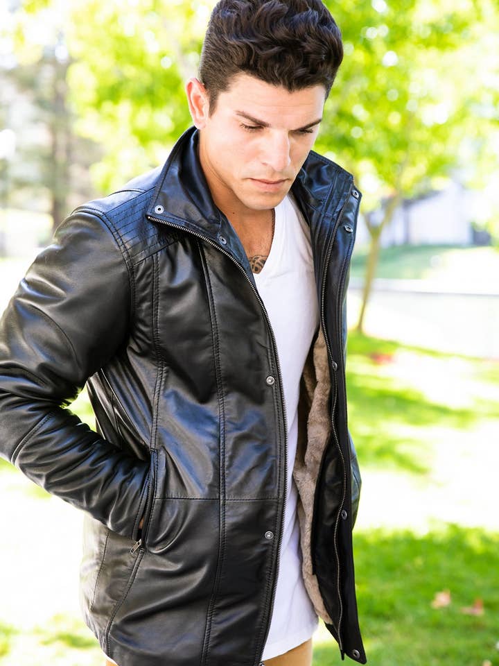 Sort Mænds Tiberius Premium lammeskind læder frakke med pels for engroshandel på Faire6