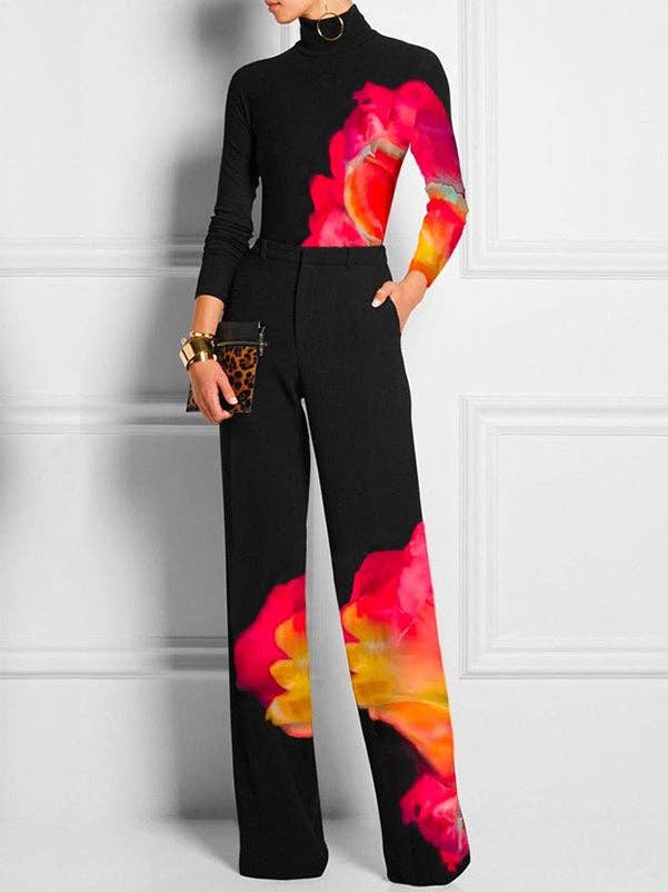 BLACK Contrast Color Printed Long Sleeves Skinny High Neck T-Shirt for wholesale on Faire1