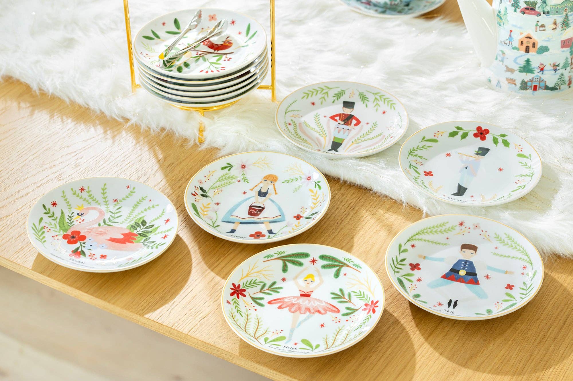 Grace Teaware - Wholesale Appetizer Serveware - 12 Days of Christmas Fine Porcelain Appetizer Plate Set - Metal Rack Version3