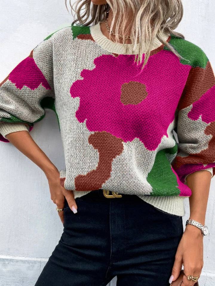 NINEXIS - Wholesale Knit Sweater - Women's - CWOSWL5555_JACQUARD CREW NECK LONG SLEEVE KNITTED SWEATER