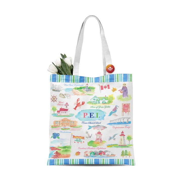 Prince Edward Island PEI Illustrated Souvenir Tote Bag with Coastal Landmarks for wholesale by Northern Icons Canada
