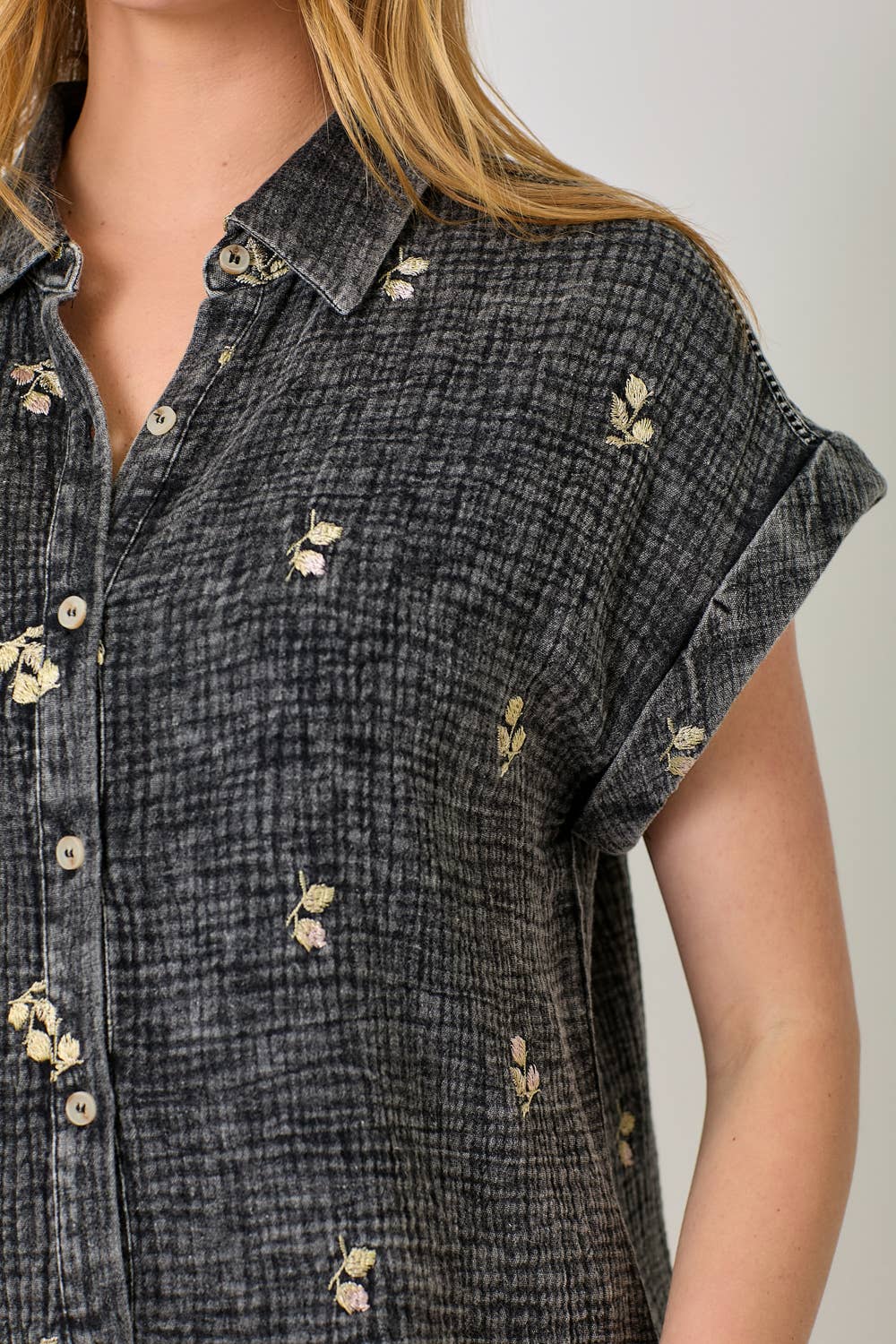 Mystree - Vente Chemise à col boutonné – femme - Haut brodé lavé 6095834