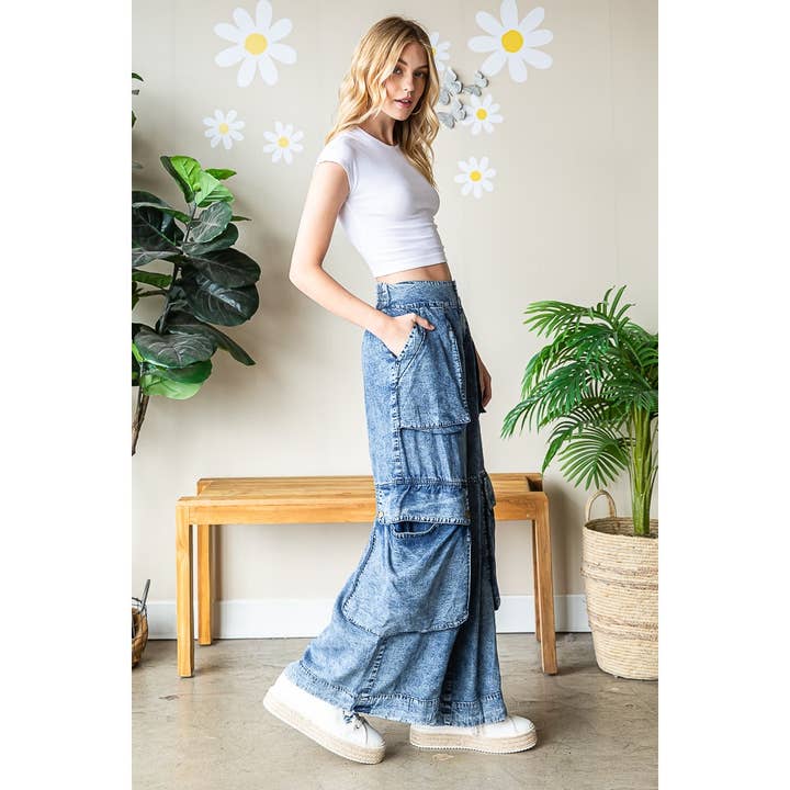 DENIM WASHED MID RISE 3D POCKETS CARGO PANTS for wholesale on Faire