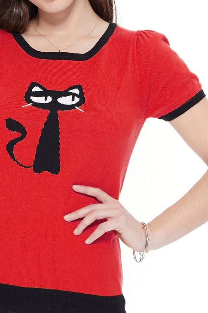 Mak - Wholesale Knit Sweater - Women's - Short Sleeve Crewneck Cat Print Casual T-Shirt Sweater15