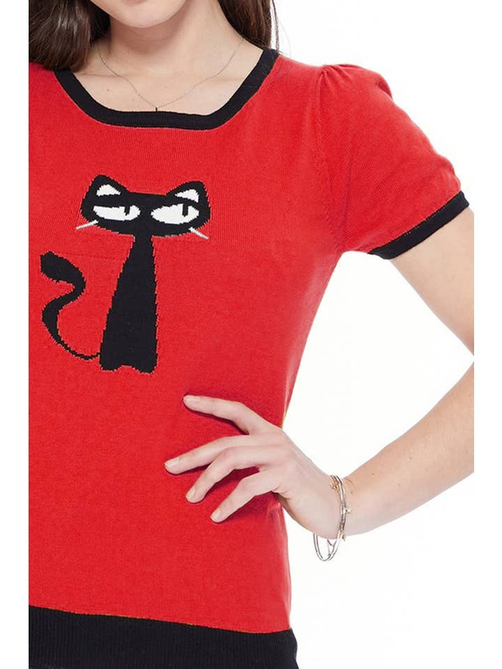 Mak - Wholesale Knit Sweater - Women's - Short Sleeve Crewneck Cat Print Casual T-Shirt Sweater15