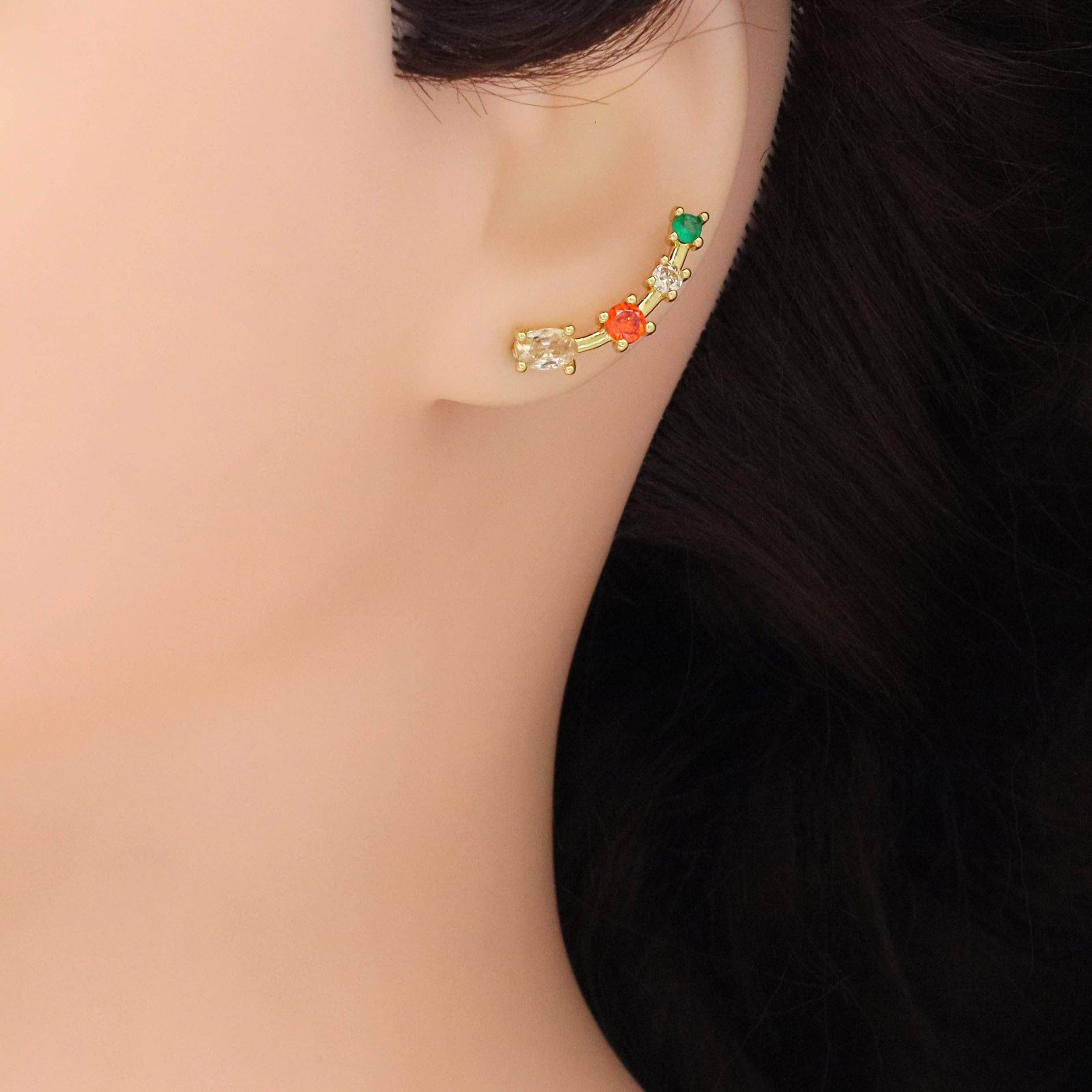 BestBeads&Beyond - Wholesale Stud/Post Earrings - Gold Colorful CZ Arc-shaped moon Stud Earrings, Sku#LD5382
