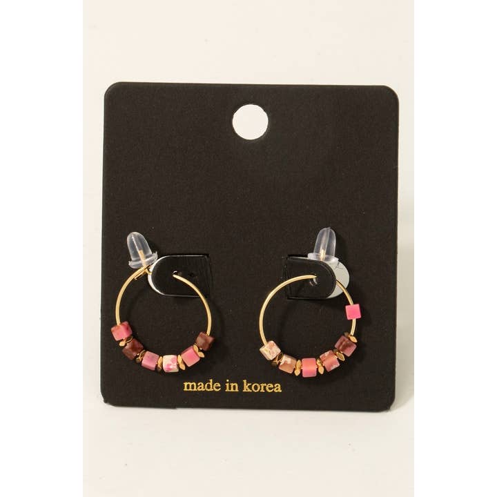 Fame Accessories - Wholesale Hoop Earrings - Stone Cube Beads Dainty Wire Hoop Earrings