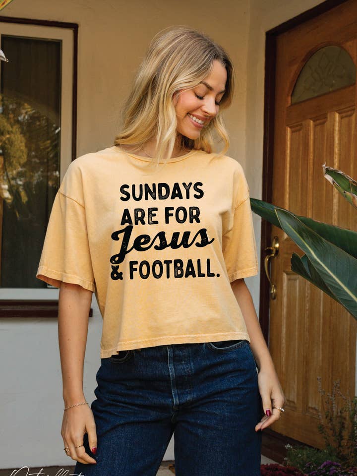 SUNDAYS ARE FOR JESUS AND FOOTBALL Cropped Mineral Tee for wholesale by OAT COLLECTIVE