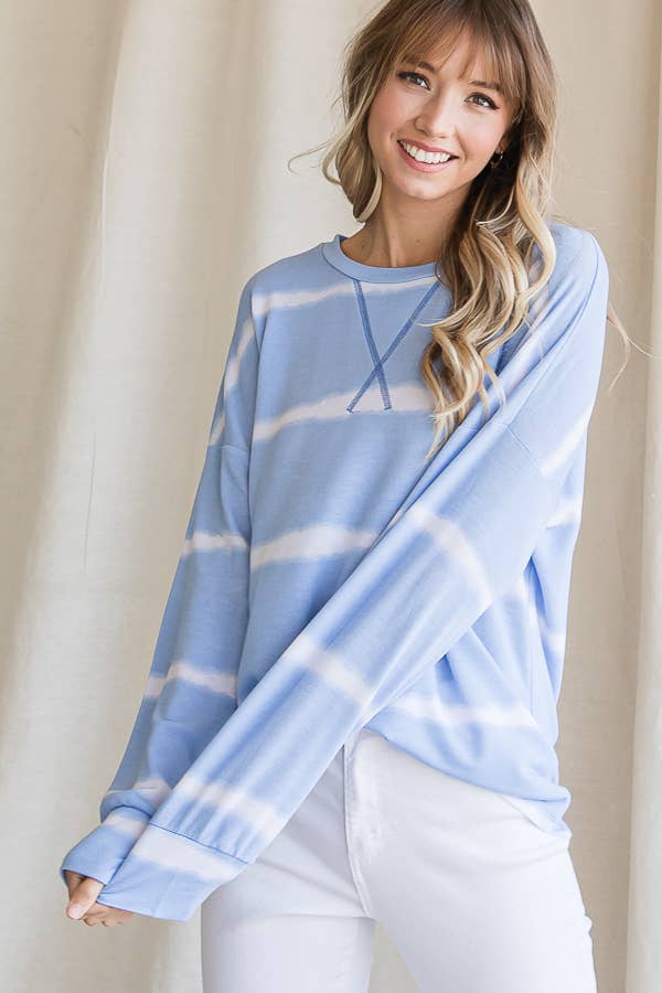 7th Ray – Engroshandel Strikket top - Dame – Stribet Tie Dye V-søm Drop Shoulder Langærmet Top T356511