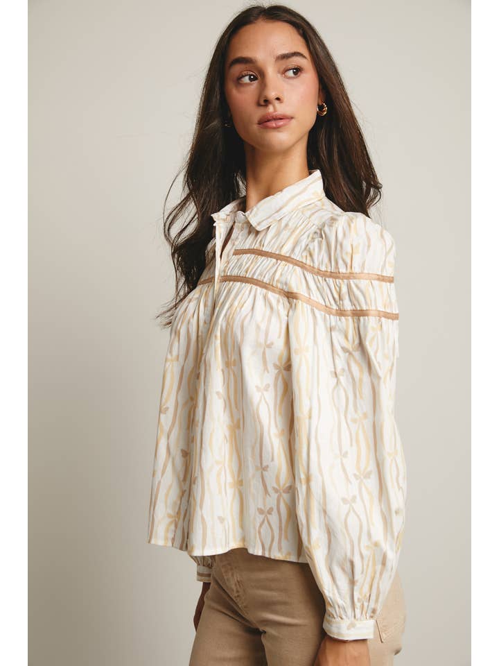 Forte – wholesale Blouse – Women’s – Ribbon Stripe Puff Sleeve Blouse FT00054