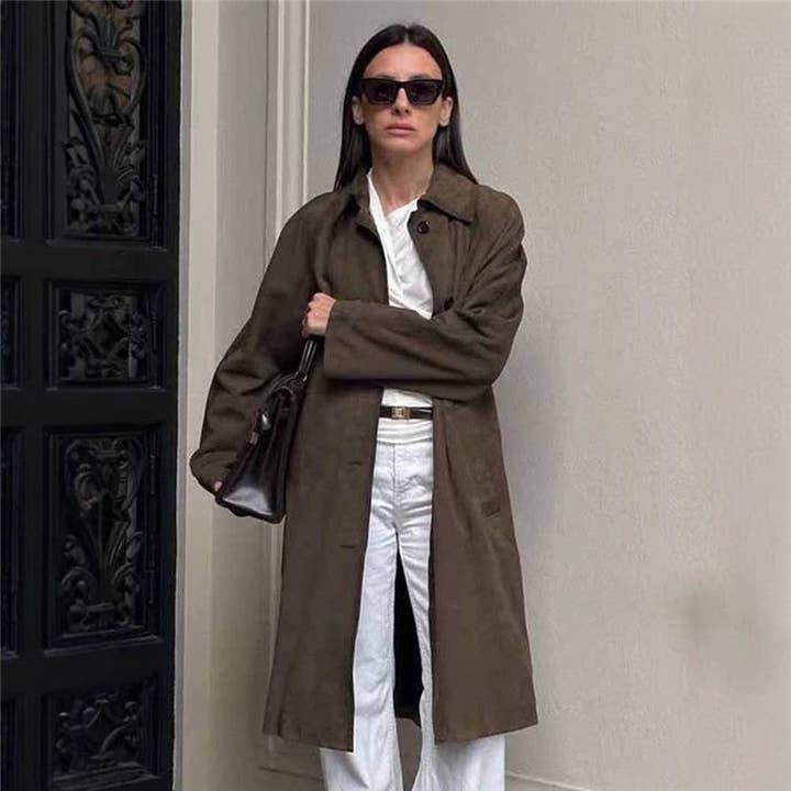 Bruine suède flanellen lange jas voor wholesale door Plush Looks