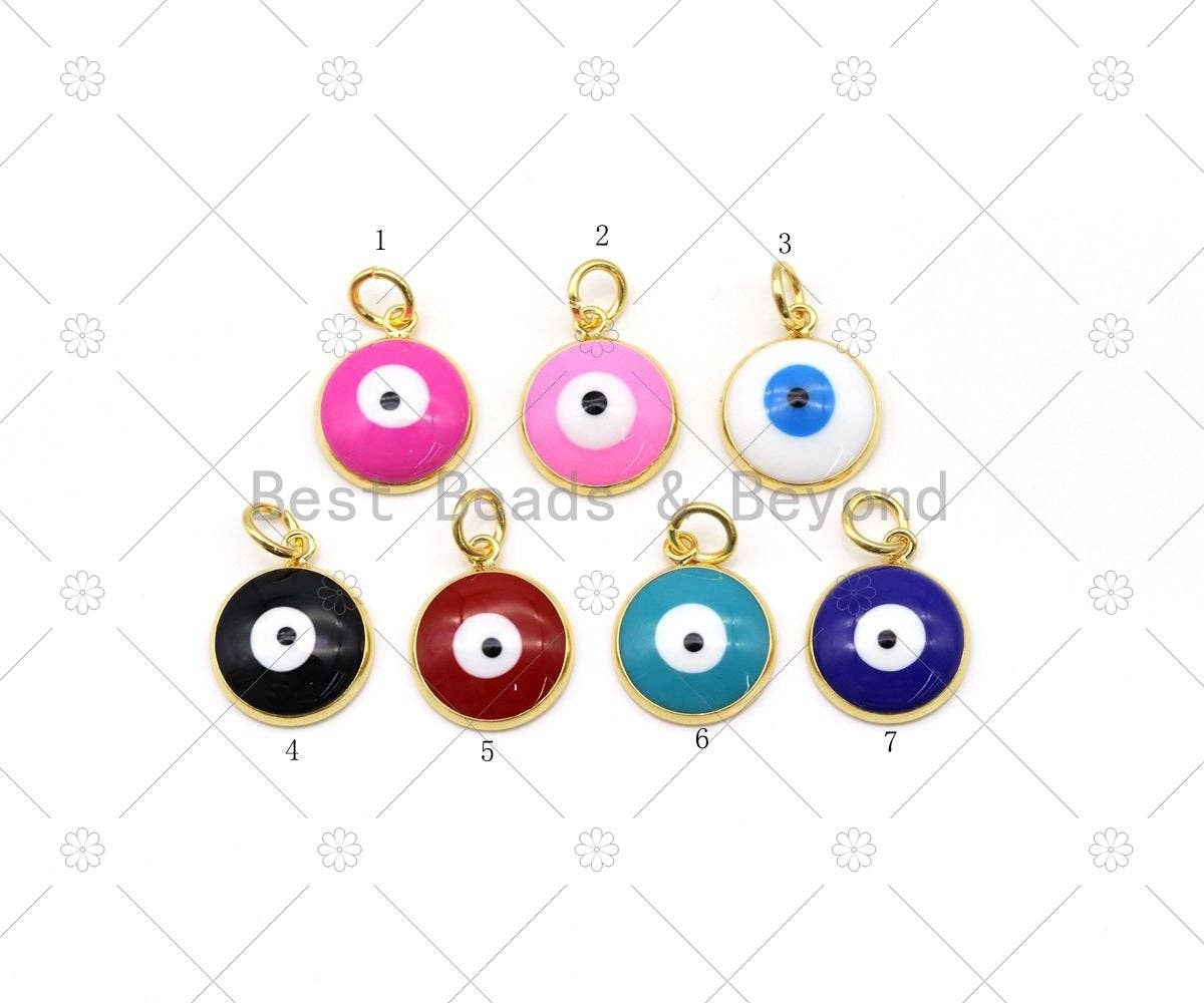 BestBeads&Beyond - Wholesale Individual Charm/Pendant - Enamel Colorful Evil Eye on Coin Shape Pendant, 18K Gold Filled Evil Eye Charm, Necklace Bracelet Charm Pendant,Sku#JL600