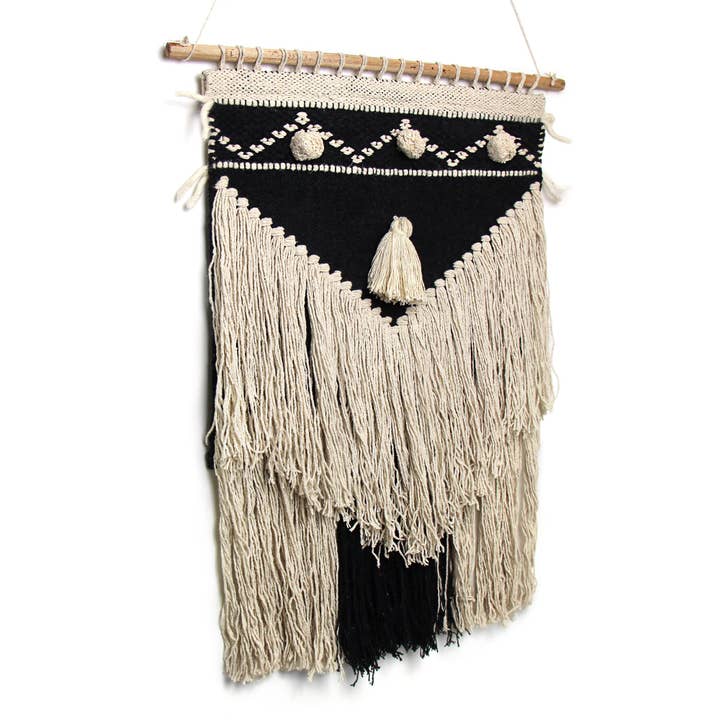Global Crafts - Wholesale Tapestry/Textile - Handwoven Boho Wall Hanging, Charcoal & Cream2