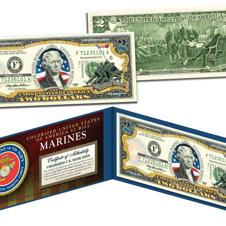 Marines - Retro uit de Tweede Wereldoorlog hijst de vlag op Iwo Jima biljet van twee dollar Echte Amerikaanse ongecirculeerde valuta - Wordt snel en gratis verzonden voor wholesale door The Merrick Mint