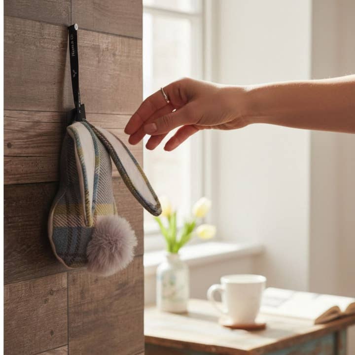 Ornamento colgante en forma de conejo con diseño de cuadros Balmoral azul para venta al por mayor de Moose & Co