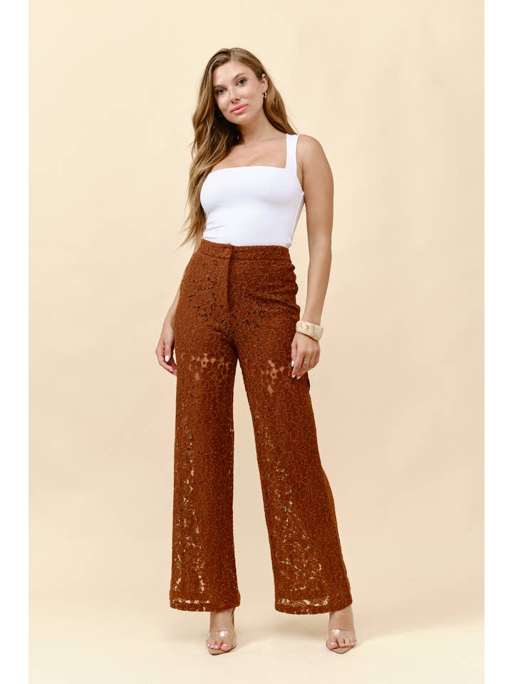 Brown High waist wide leg lace trousers for wholesale on Faire9