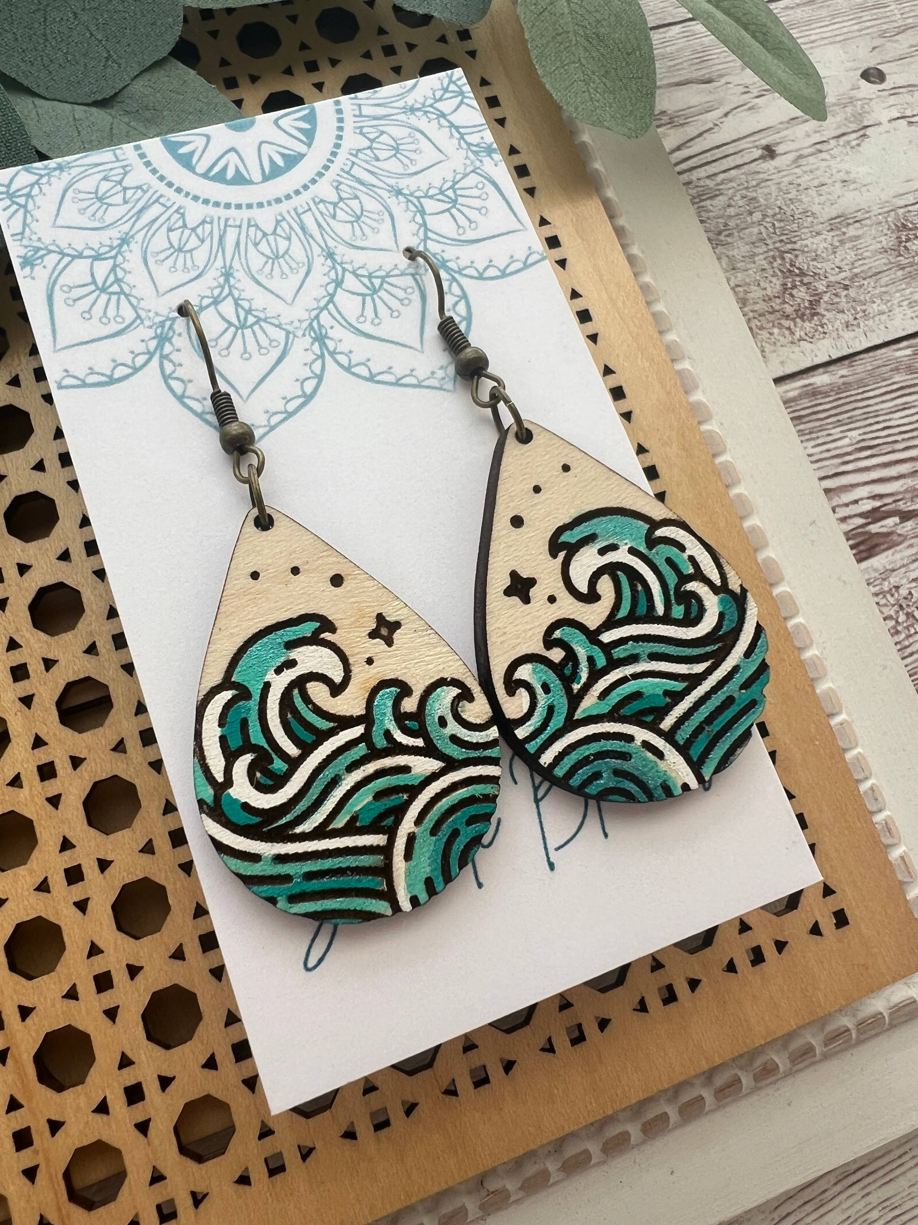 Seasideblooms - Wholesale Dangle Earrings - Beach waves ocean hand painted lightweight wood 1