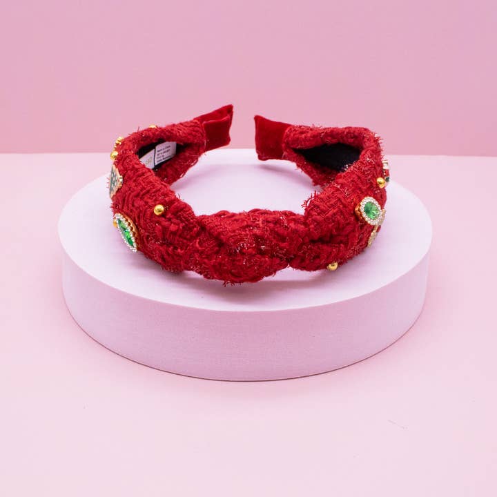 Frog Sac - Wholesale Fashion Headband - Kids - Embellished Christmas Knot Headband - Tweed Rhinestone Pearl