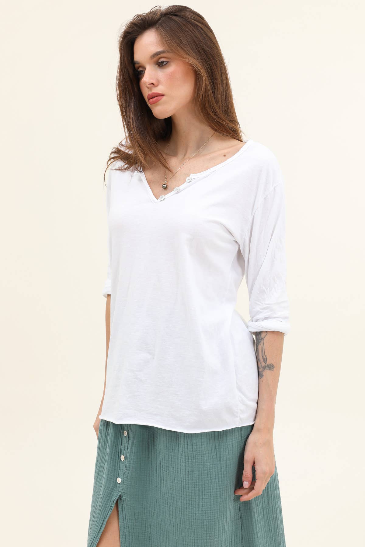 Moonsun - Wholesale T-Shirt - Women's - Plain long sleeve cotton T-shirt with Tunisian collar #303811