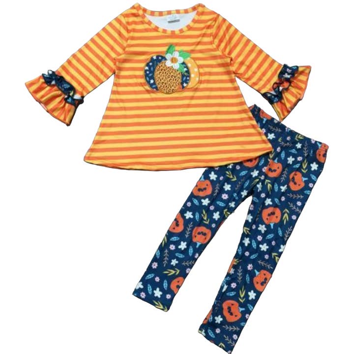 AnnLoren - Wholesale Top & Leggings Set - Kids - Girls Orange Fall Pumpkin 2pc Outfit Thanksgiving Clothes1