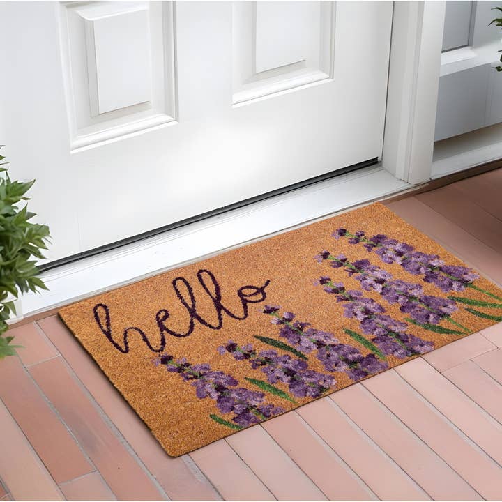 17"X29" Natural Black and Purple Coir Floral Hello Door Mat for wholesale by HomeRoots