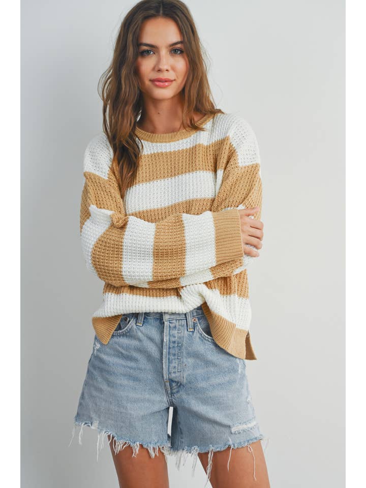 BUTTERMELON - Wholesale Knit Sweater - Women's - Striped Round Neck Long Sleeve Sweater - BMW732917