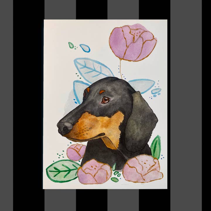 Brown and Black Dachshund Doxie Floral Pet Portrait Watercolor Print for wholesale by Fiat Lux Illustration