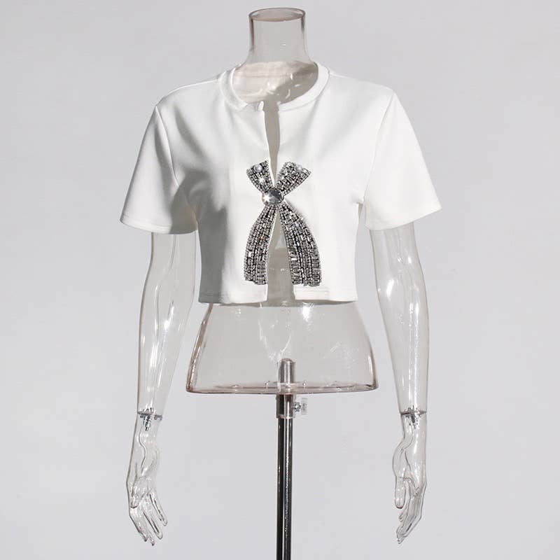 Productseeker - Wholesale Blouse - Women's - TP005 New Diamond Sequined Bow Cropped Top T-shirt4