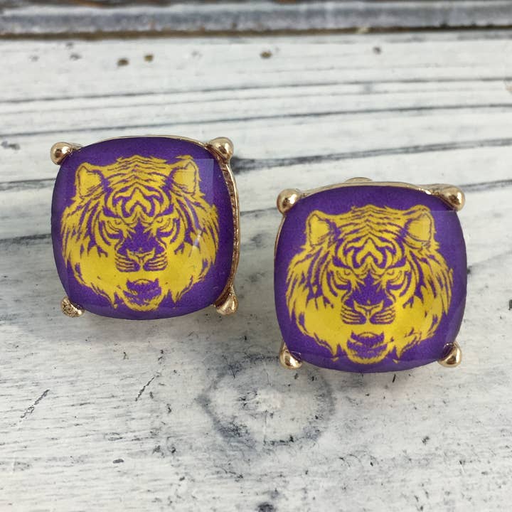 Purple and gold tiger head square post earrings for wholesale by SongLily
