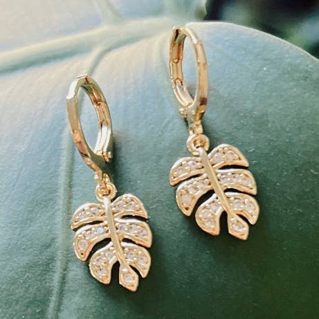kaldi kollective - Wholesale Huggie Earrings - CAROL // rhinestone monstera huggie hoop earrings0