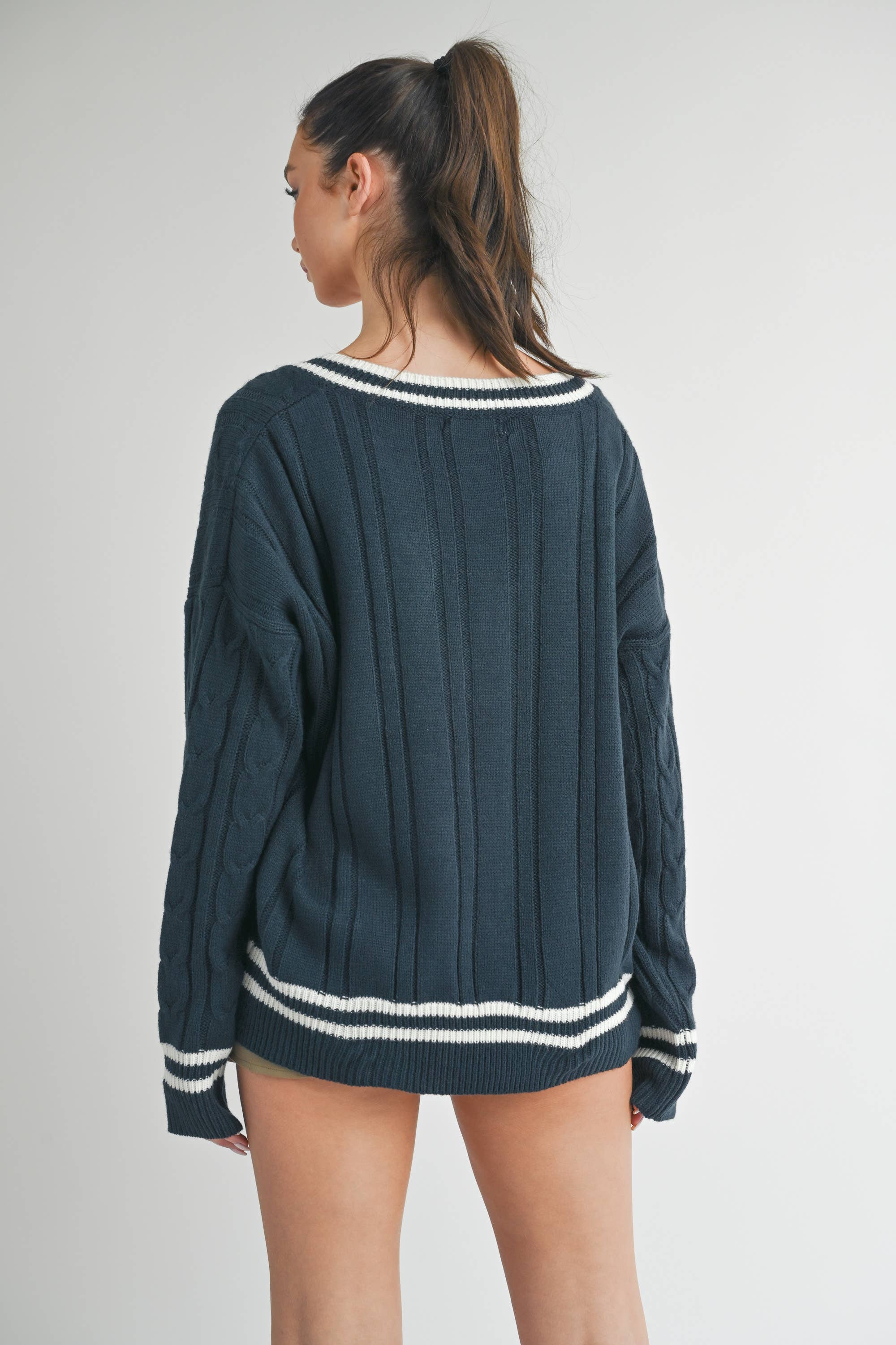 Klesis - Wholesale Knit Sweater - Women's - IT2990 VARSITY PATCH V NECK CABLE KNIT SWEATER6