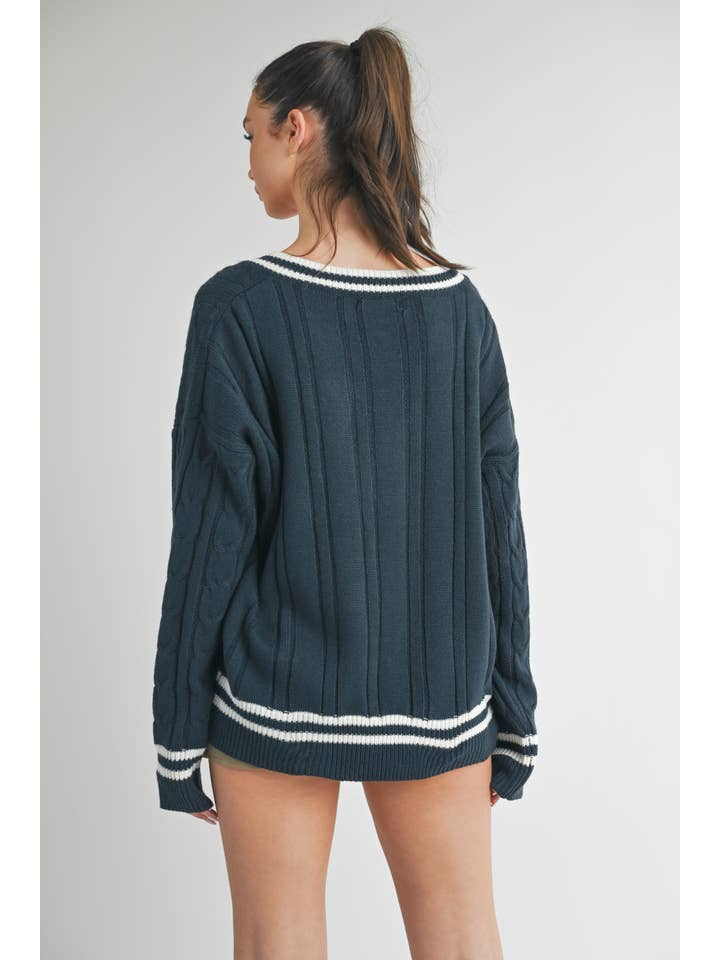 Klesis - Wholesale Knit Sweater - Women's - IT2990 VARSITY PATCH V NECK CABLE KNIT SWEATER6