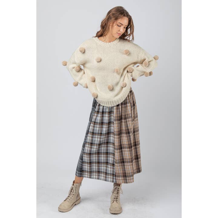 Color Block Plaid Cozy Ruffle Midi Skirt for wholesale by Apolline