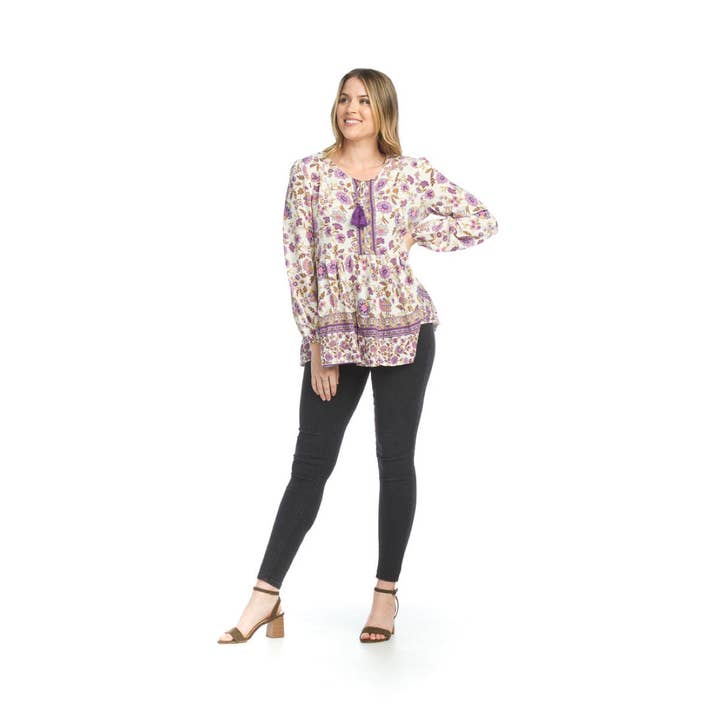 PT12129 LILA Boho top met bloemenprint en lange mouwen voor wholesale door Papillon