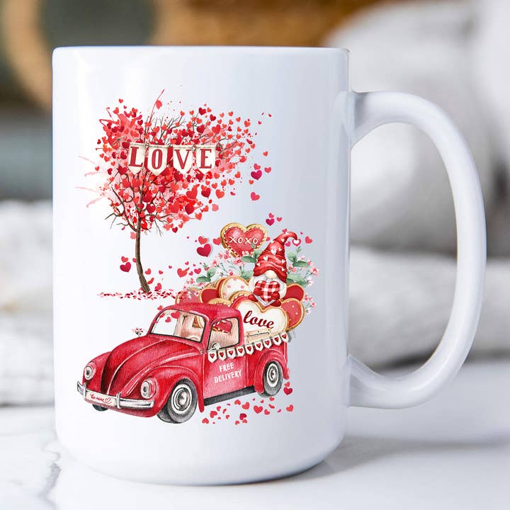 Avery Lane Gifts - Wholesale Coffee Mug - Valentine Gnome Red Truck Hearts Coffee Mugs