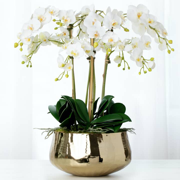 Faux orchid arrangement with white orchids in gold pot - 26" for wholesale by Vivian Rose LLC