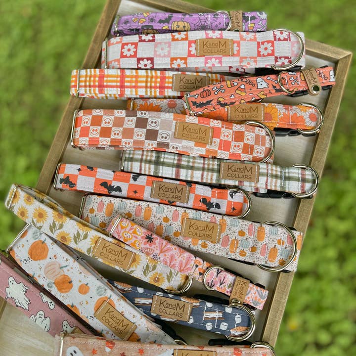 K and M Collars, LLC - Wholesale Pet Collar - Dog - Boho Flowers Checkered Dog Collar, Fall, Halloween, K and M