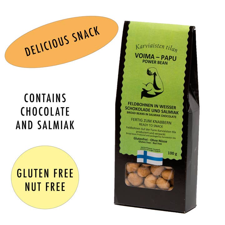 Fèves au chocolat blanc avec réglisse salée pour la vente par Voima-Papu Finland Oy / Karviaisten Farm