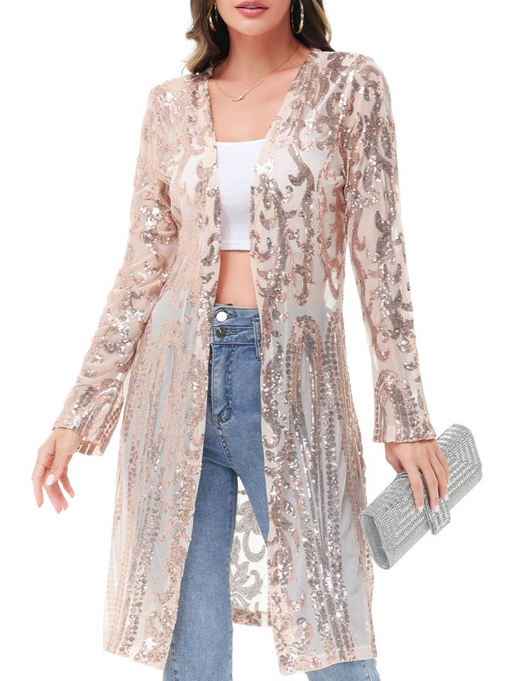 Women's Sparkly Sequin Cardigan Long Sleeve Open Front for wholesale by Anna Kaci Wholesale