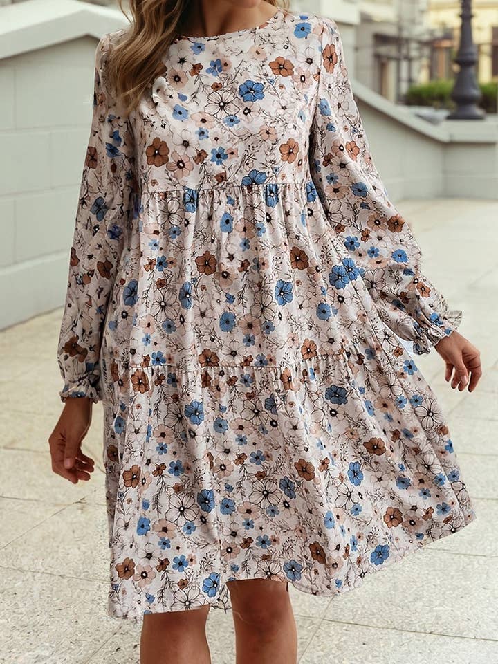 Khaki Floral Crew Neck Frilled Long Sleeve Loose Vacation Dress for wholesale on Faire1