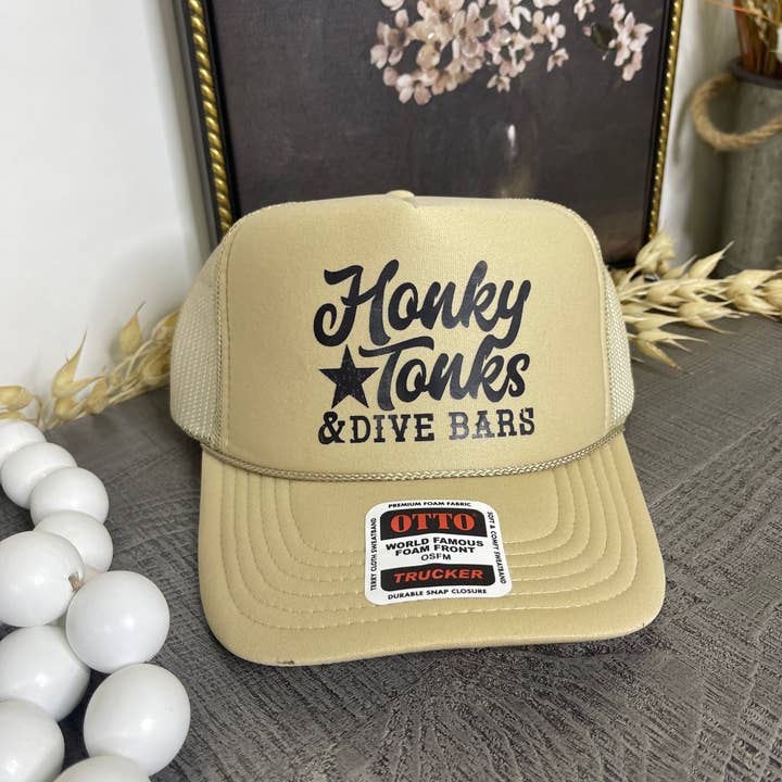 Khaki Honky Tonks & Dive Bars Trucker Hat for wholesale on Faire0