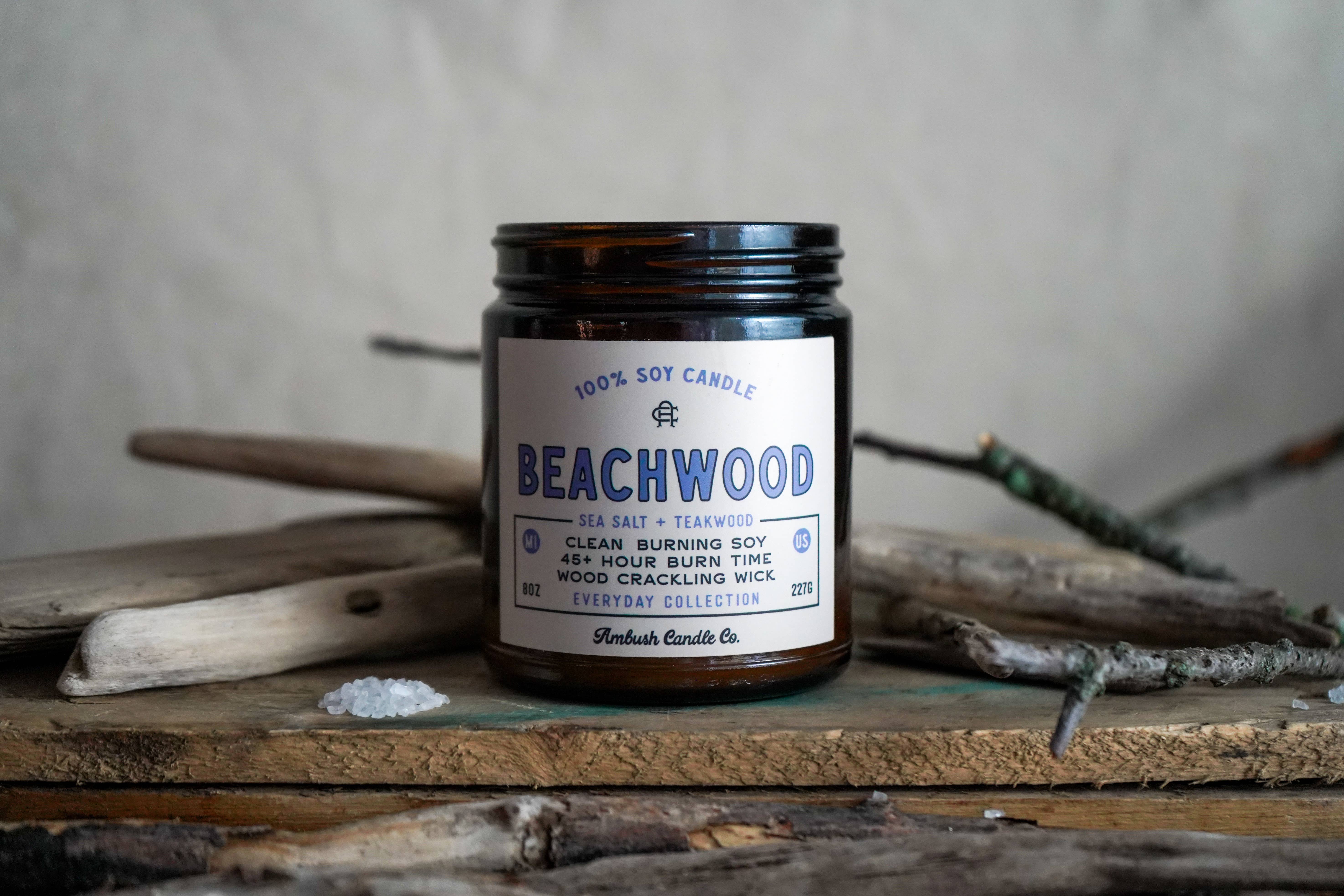 Ambush Candle Co. - Wholesale Jar/Filled Candle - Beachwood | Sea Salt + Teakwood 8oz Soy Candle3