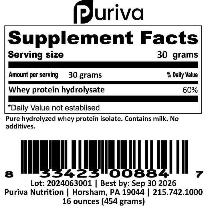 Puriva Nutrition - Wholesale Protein/superfood powder - Protein powder, Hydrolyzed Whey Protein Isolate, plain, 1 pound, Puriva Nutrition3